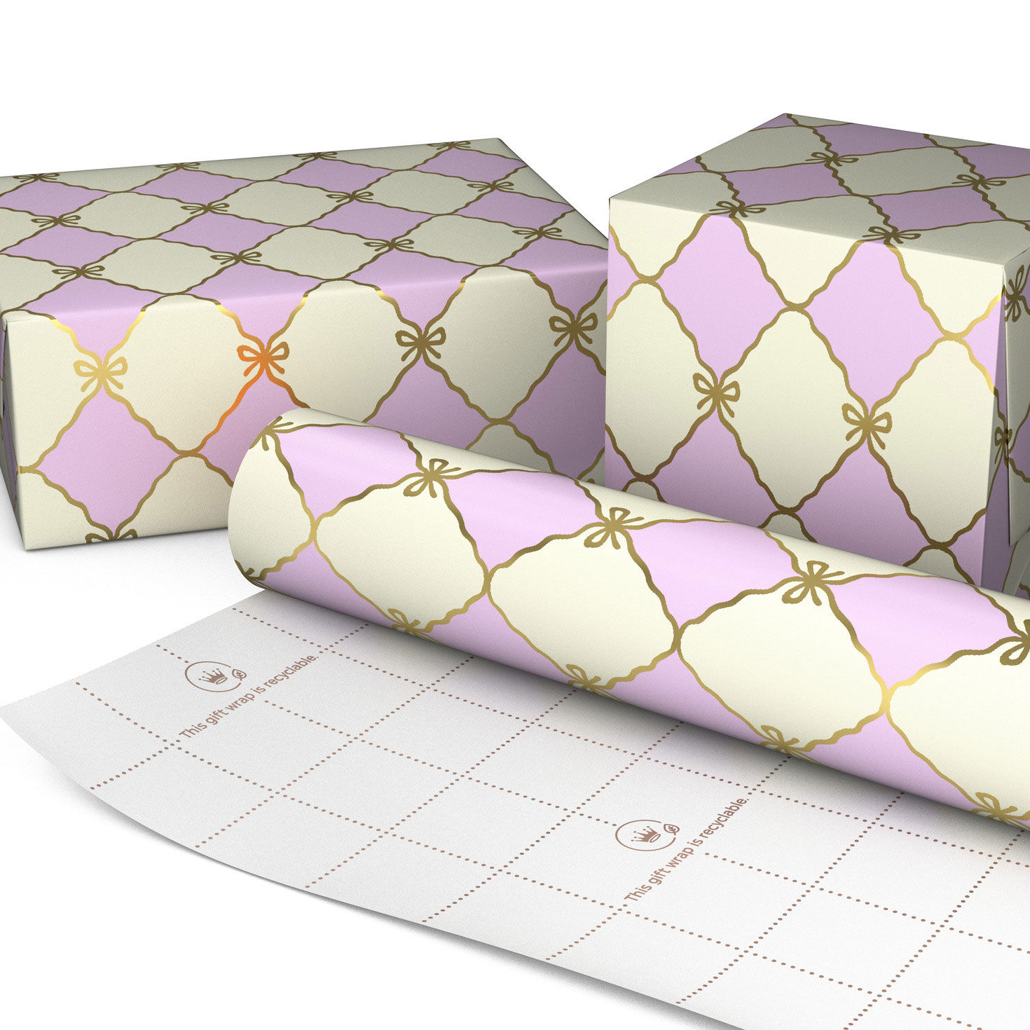Gold Bow Lattice on Pink and Cream Gift Wrap Roll Wrapped package image number 2