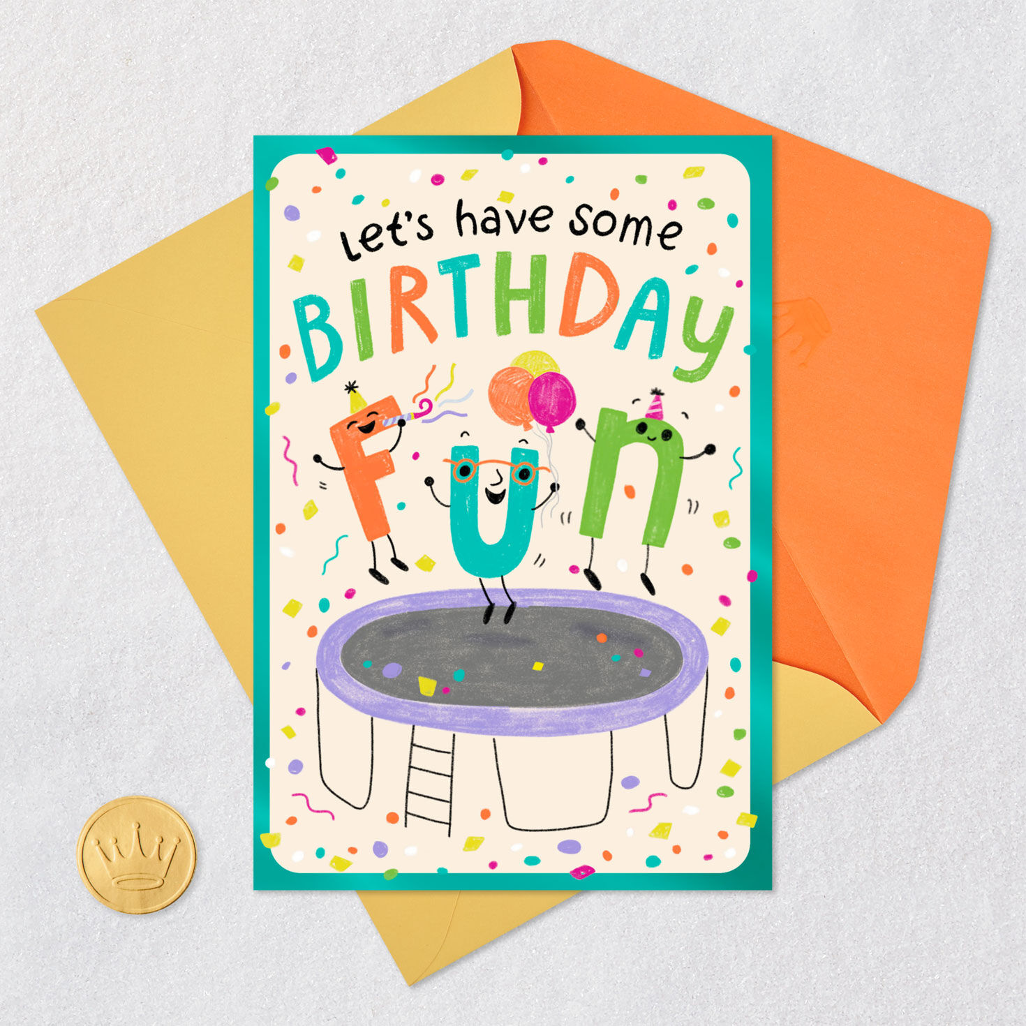 Letter Characters on Trampoline Kids Birthday Card Card Front with Envelope and Gold Seal image number 5