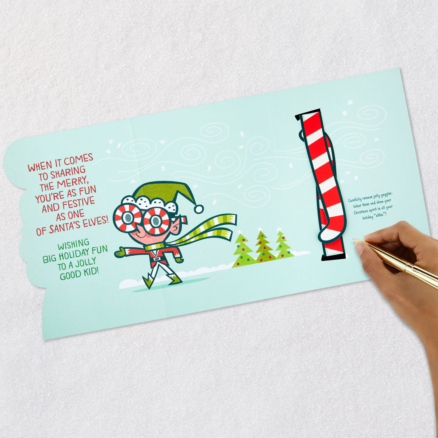 Green Elf Christmas Card for Kid with Detachable Glasses signing card image number 8