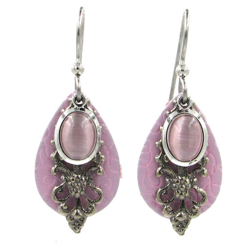 Pink Stone and Filigree Layered Metal Drop Earrings, 