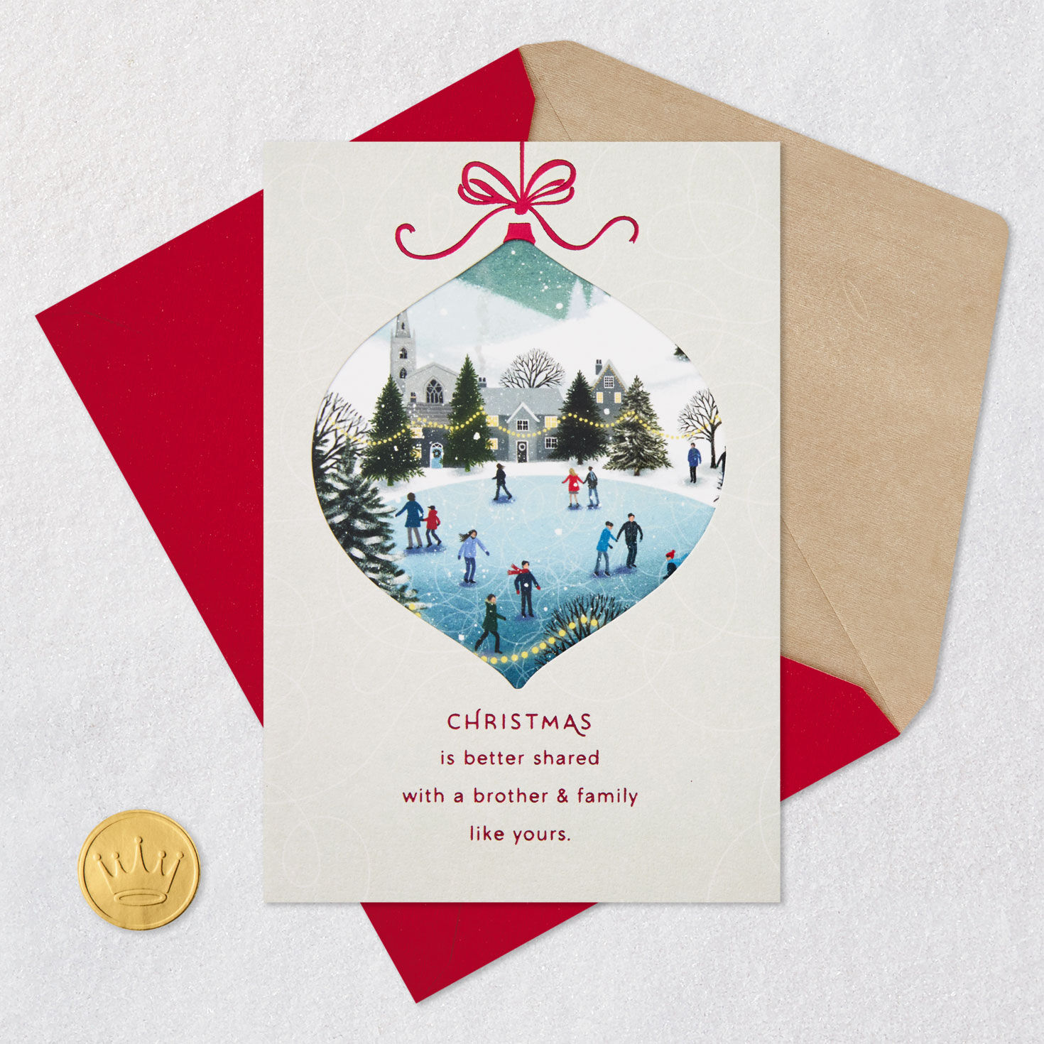 Ice-Skating Scene Christmas Card for Brother and Family Card Front with Envelope and Gold Seal image number 7