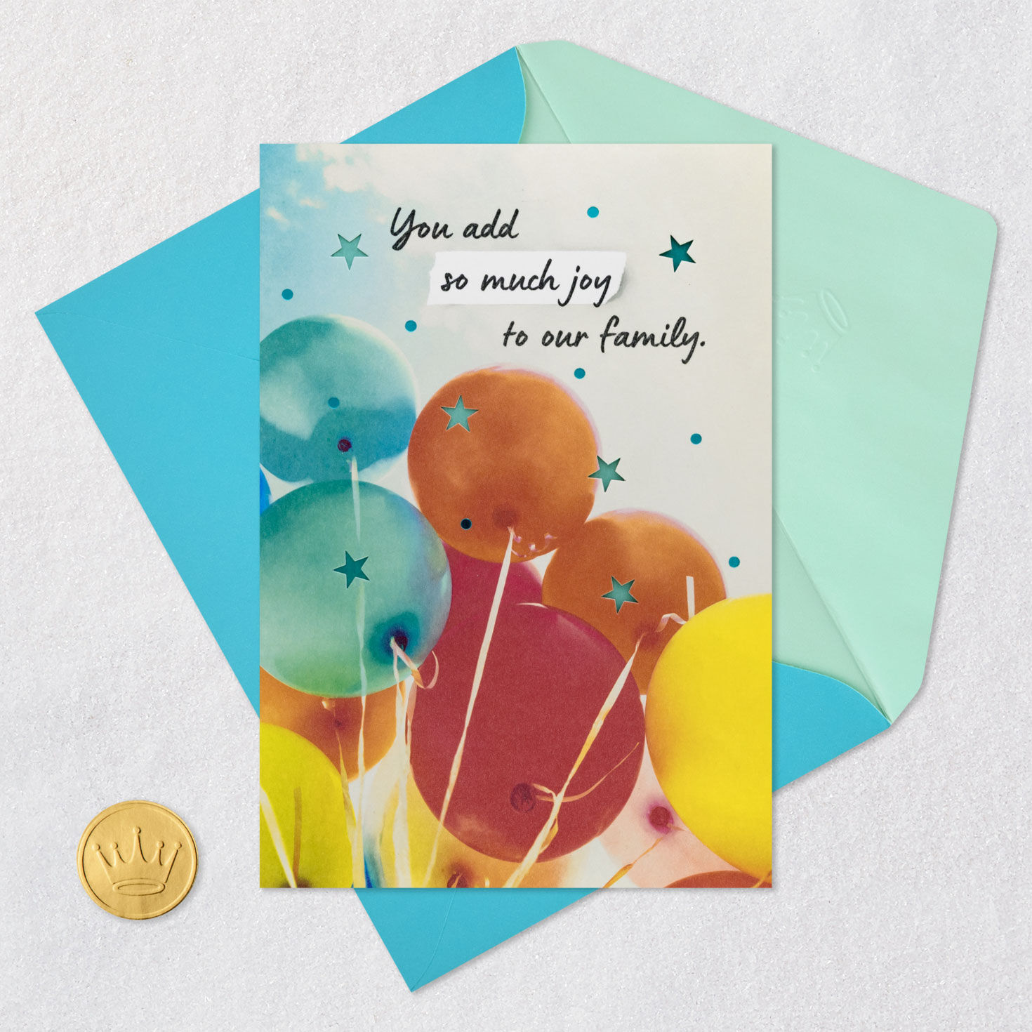 Blue, Orange and Pink Balloons Relative Birthday Card Card Front with Envelope and Gold Seal image number 5