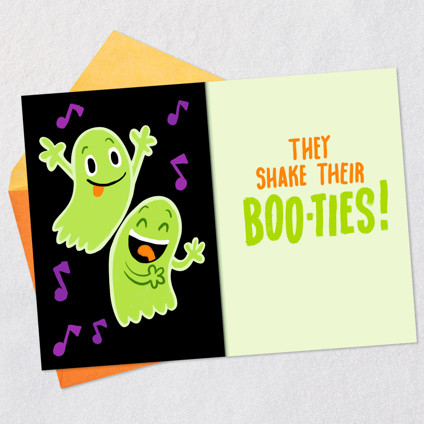 Green Ghost Halloween Card for Kids Open card with envelope image number 3
