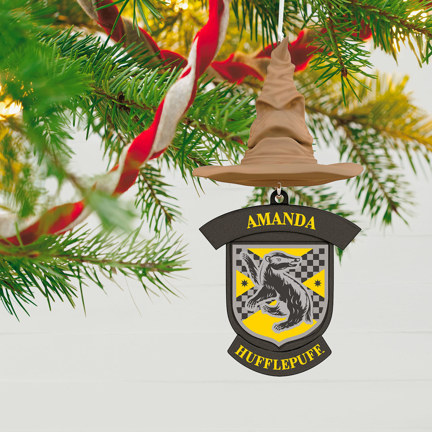 Harry Potter&trade; Sorting Hat Personalized Text Ornament, Hufflepuff&trade; hanging on tree image number 2