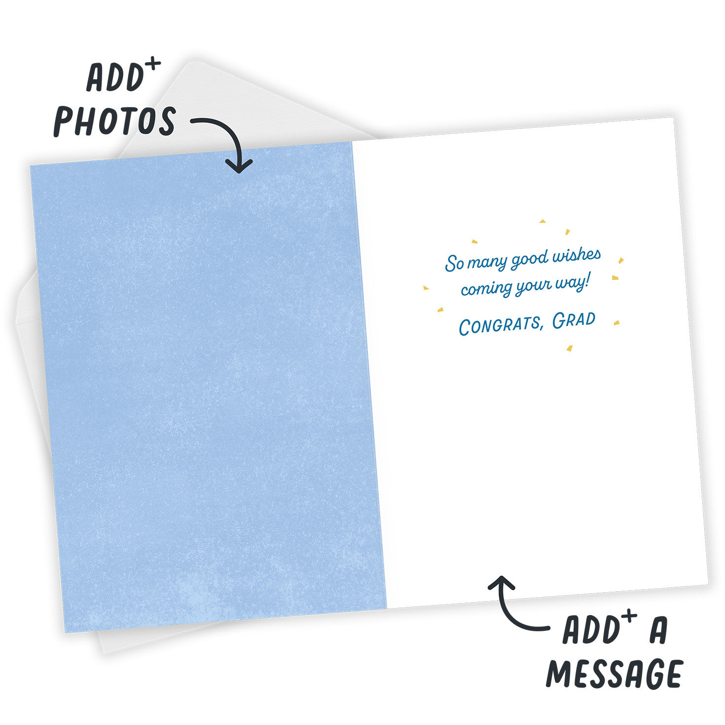 Blue Dots Gold Balloons Personalized Grad Card Open Card with Envelope indicating personalization image number 3