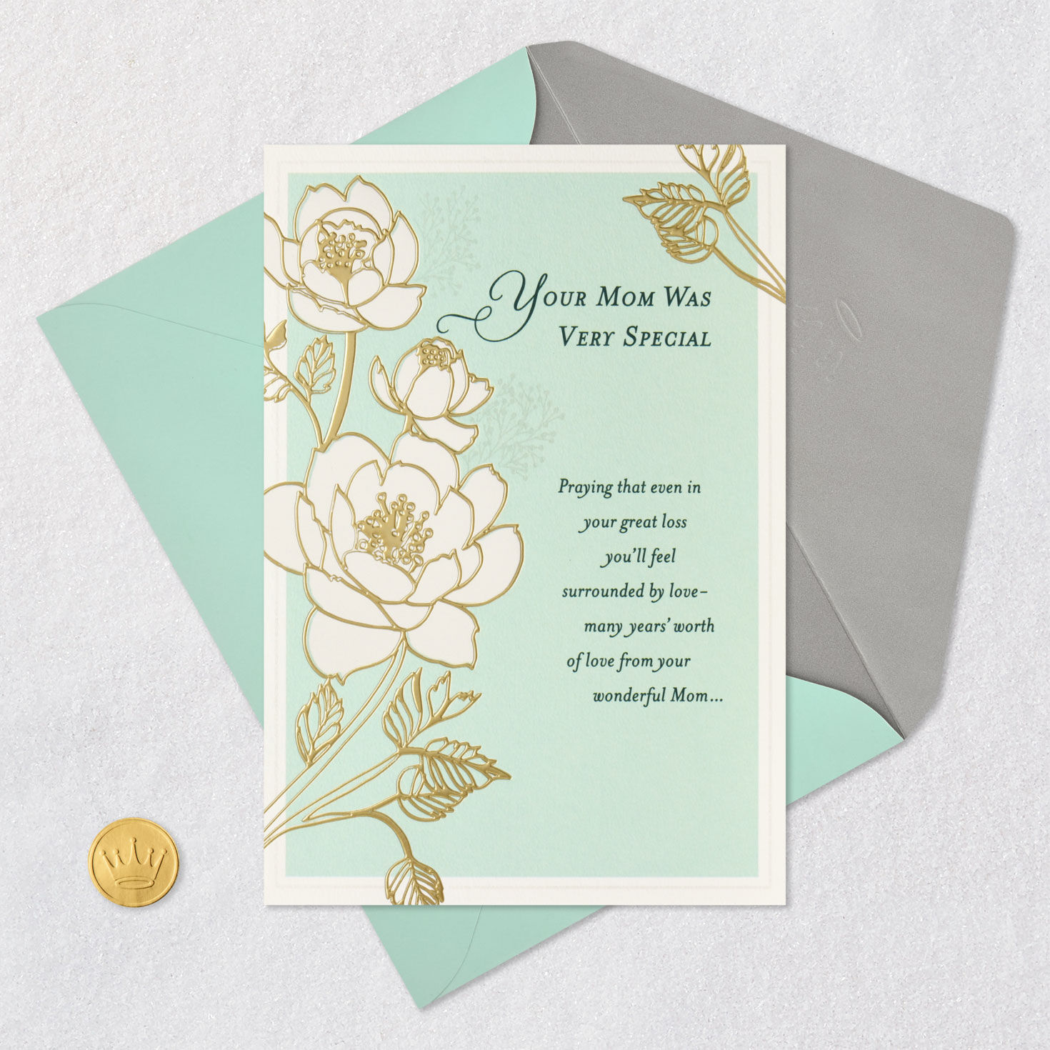 Green Floral Christian Loss of Mom Sympathy Card Card Front with Envelope and Gold Seal image number 6