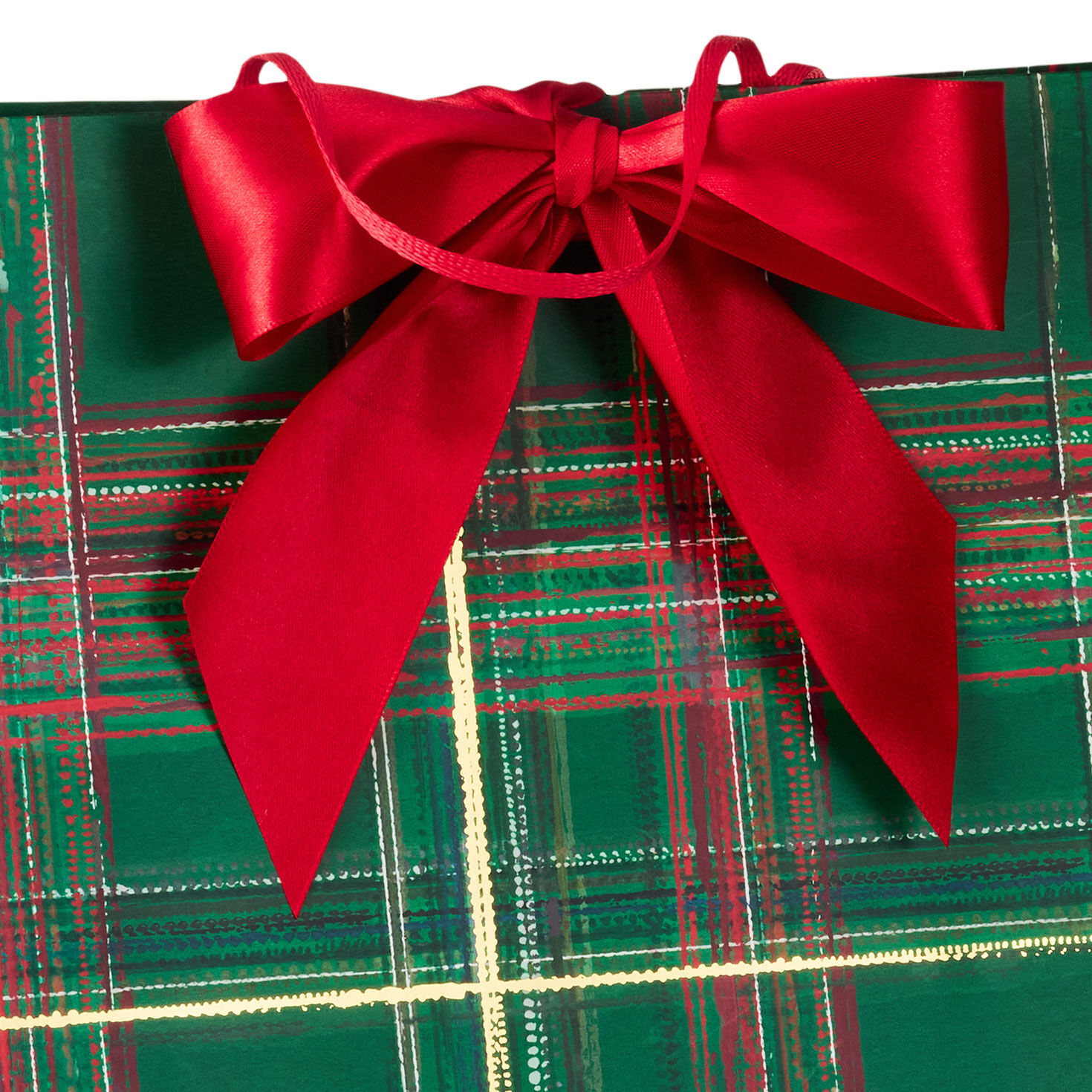 Green Plaid with Red Bow Christmas Gift Bag Handle Detail image number 4
