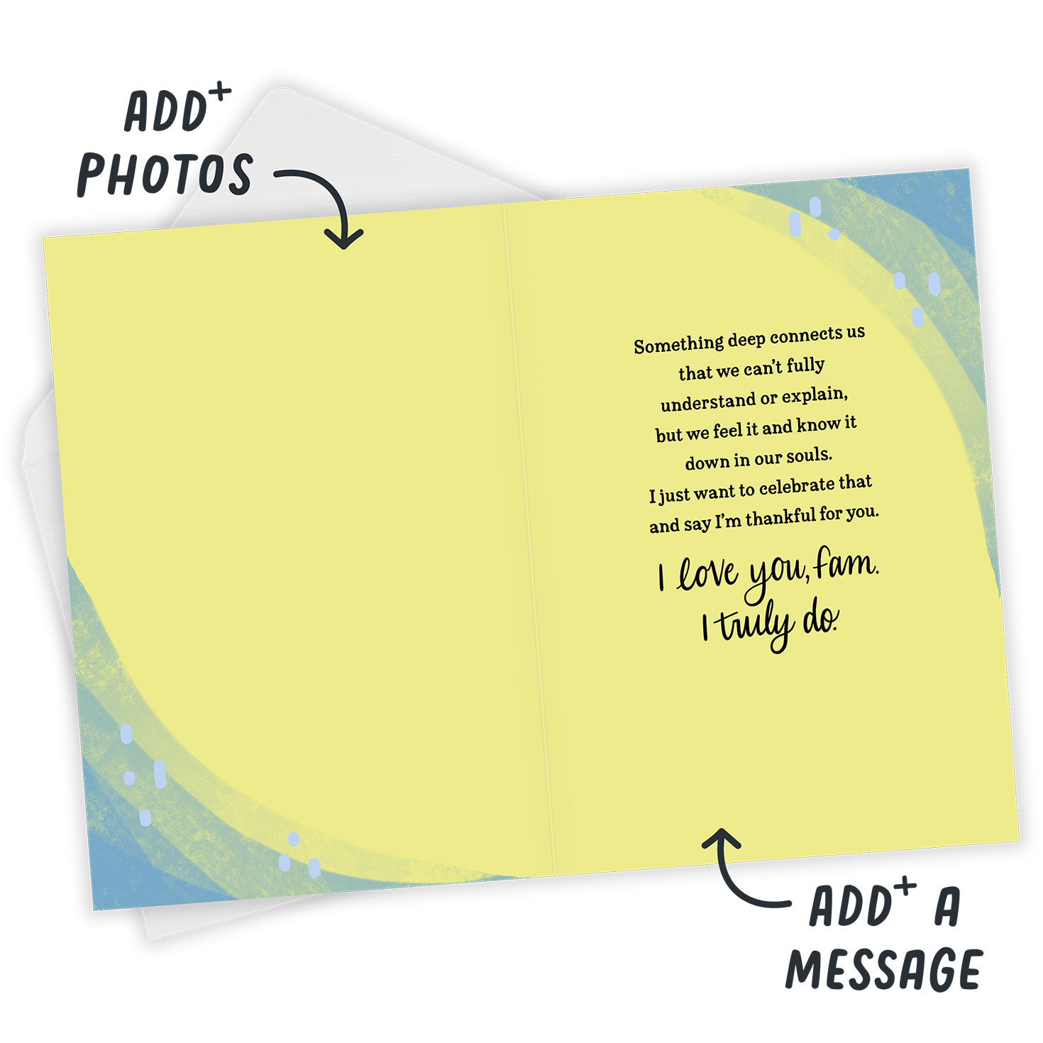 Abstract Blue Yellow Personalized Friendship Card Open Card with Envelope indicating personalization image number 3