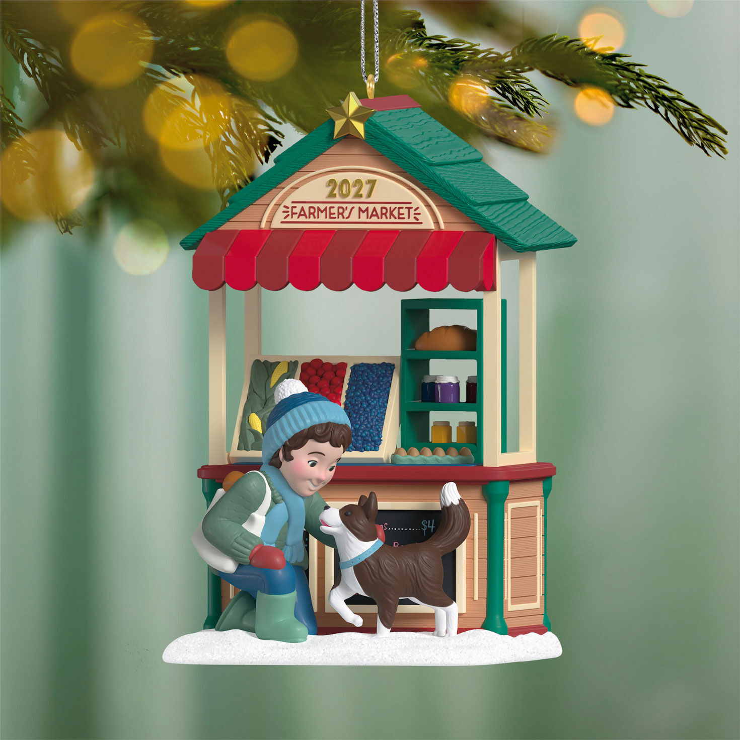 Boy With Dog at Farmer's Market Keepsake Ornament Hanging on tree image number 2