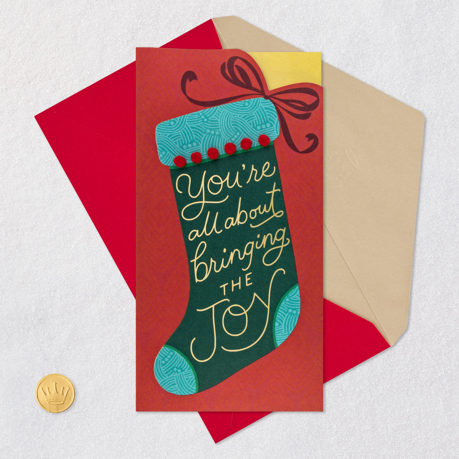 Green Stocking on Red Money Holder Christmas Card Card Front with Envelope and Gold Seal image number 6