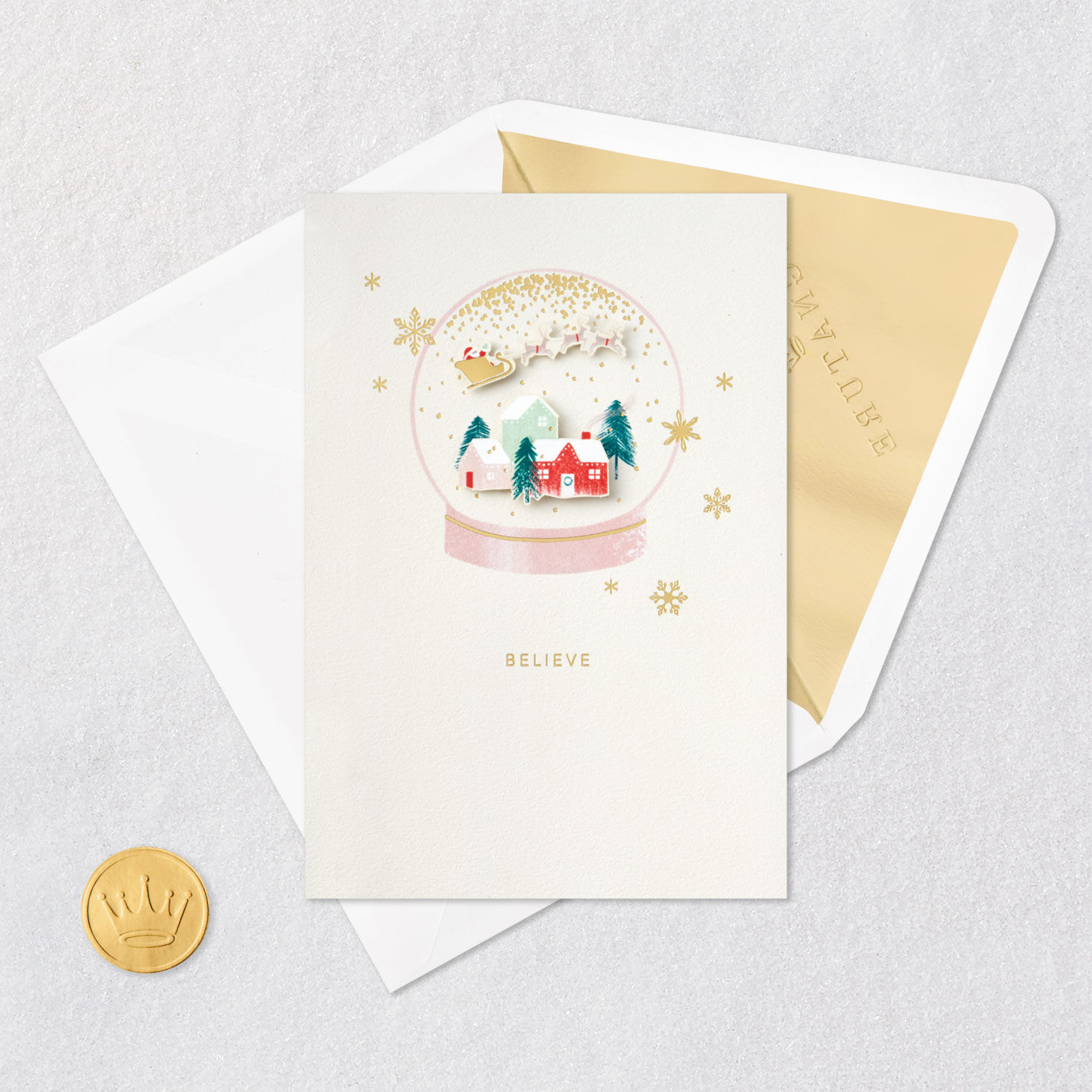 Santa's Sleigh Over Houses Snow Globe Christmas Card Card Front with Envelope and Gold Seal image number 6