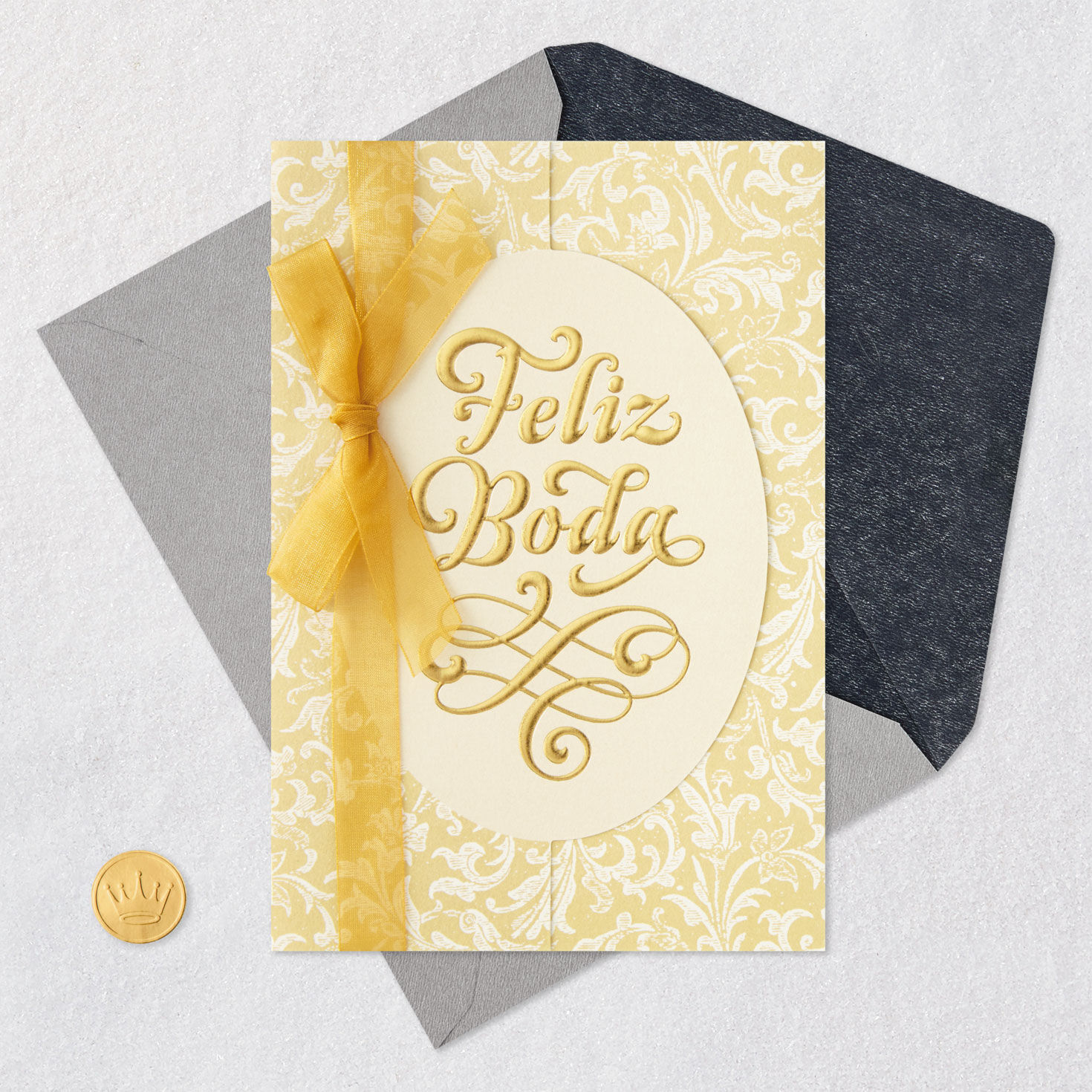 Beige Damask With Gold Ribbon Wedding Card in Spanish Card Front with Envelope and Gold Seal image number 5