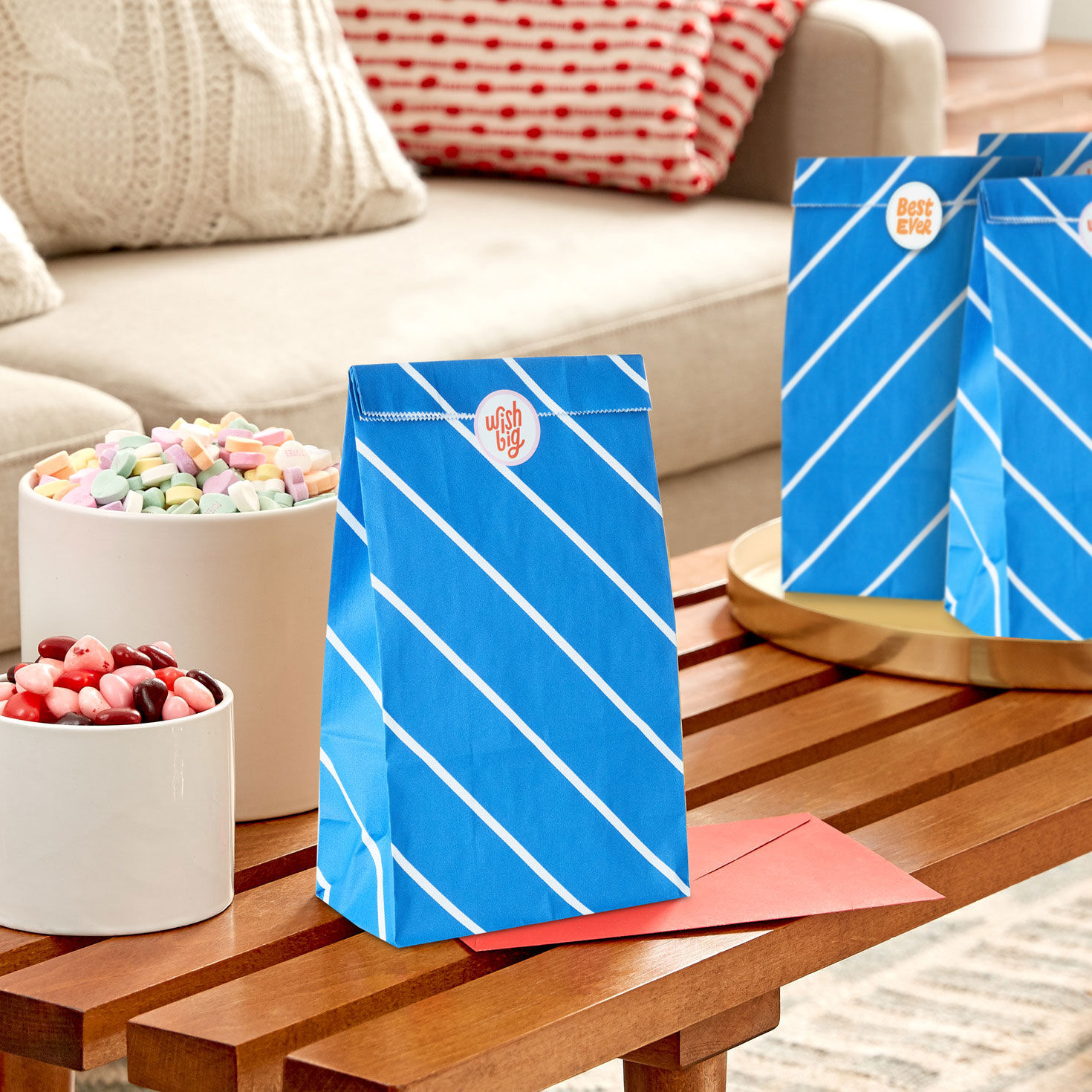 White Stripes on Blue Paper Treat Sacks With Stickers in use image number 2