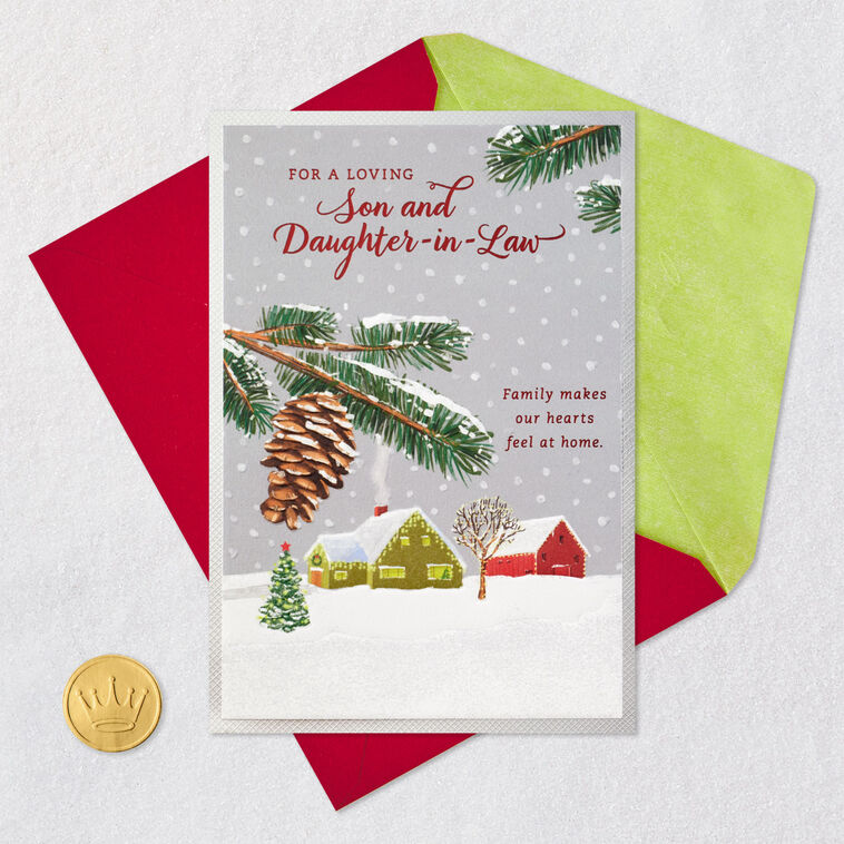 Snowy Cabin Son and Daughter-in-Law Christmas Card Card Front with Envelope and Gold Seal image number 5