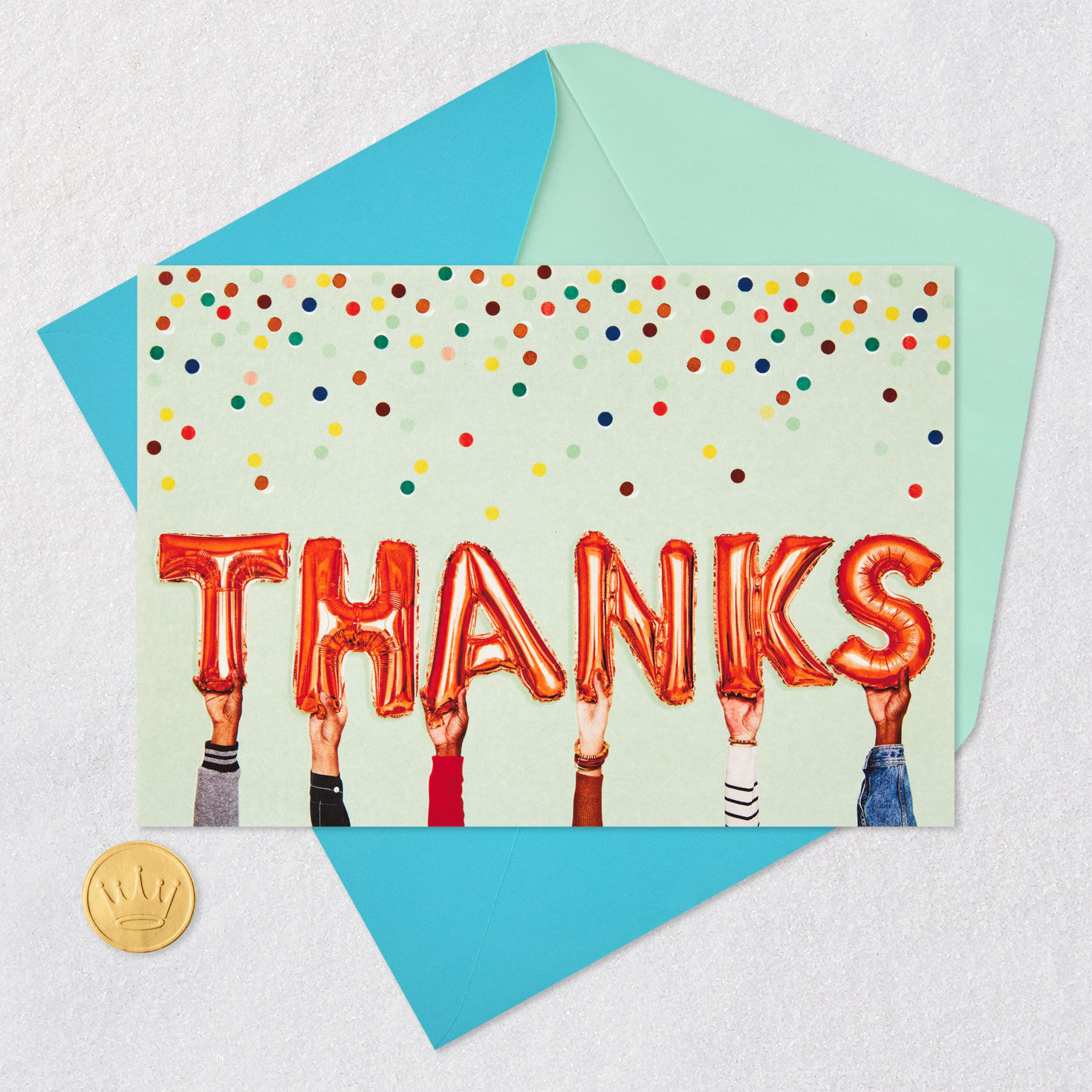 Hands Holding Balloons Thank You Card Card Front with Envelope and Gold Seal image number 5