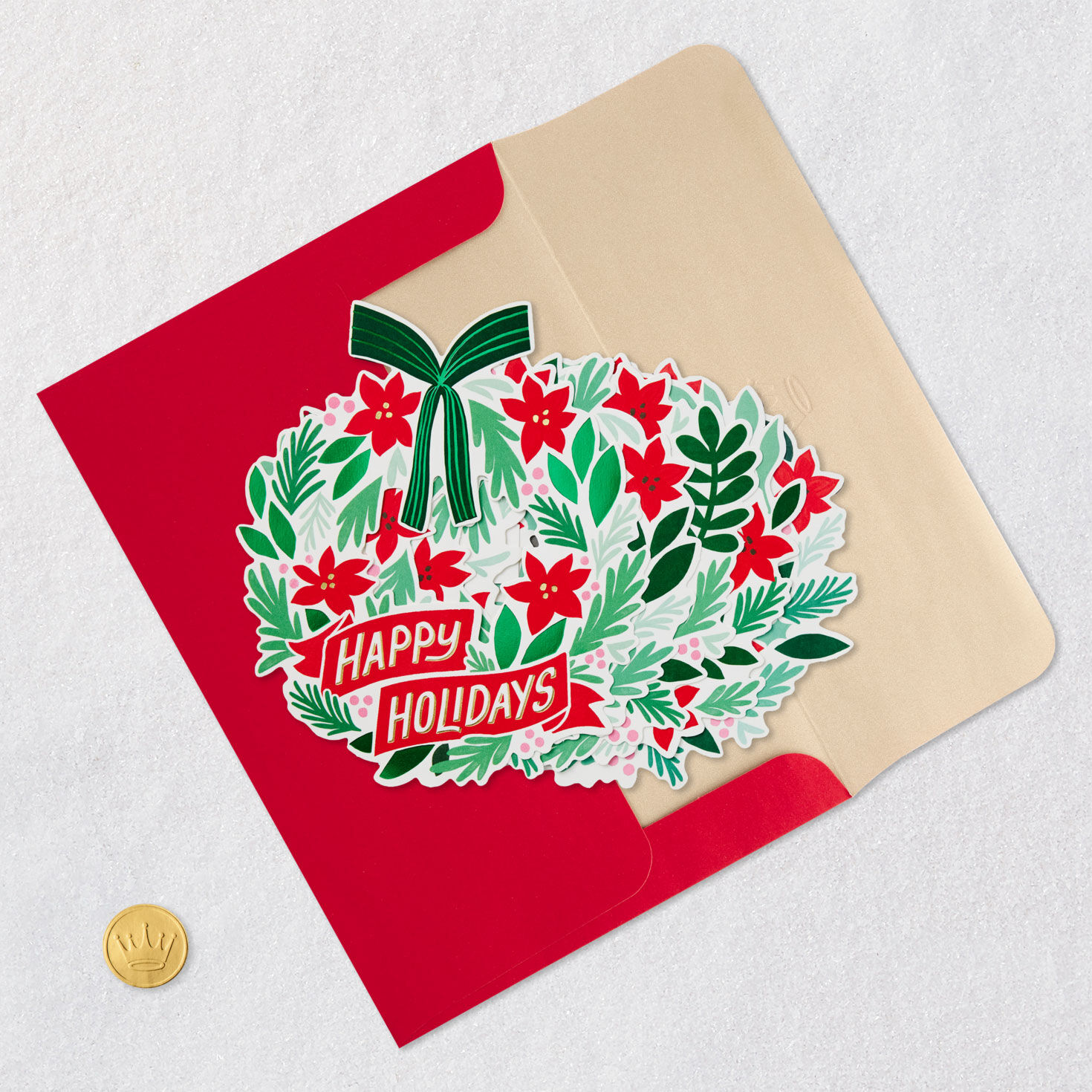 Red and Green Poinsettia Wreath Christmas Card Card Front with Envelope and Gold Seal image number 6