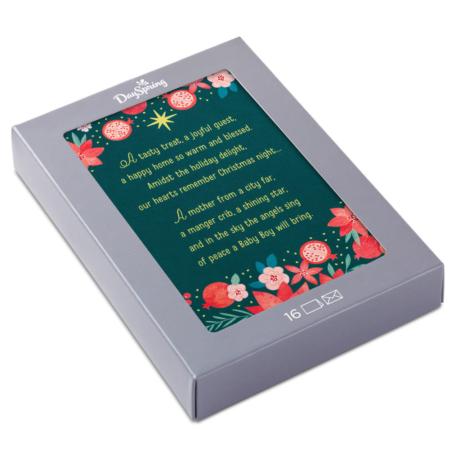 Floral Border on Green Religious Boxed Christmas Cards, Pack of 16