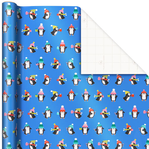 Holiday Penguins on Blue Christmas Wrapping Paper, 90 sq. ft., 