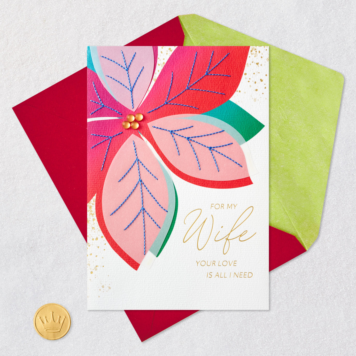 Pretty Poinsettia Flower Wife Christmas Card Card Front with Envelope and Gold Seal image number 7
