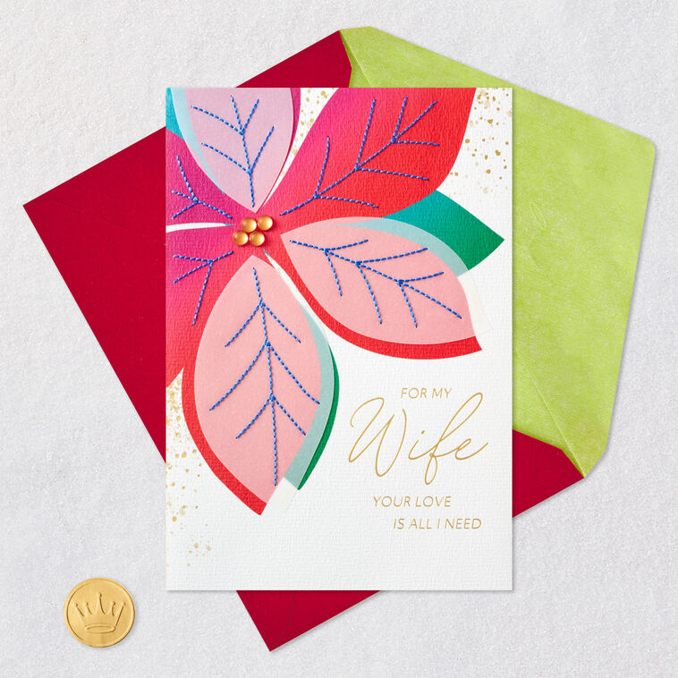 Pretty Poinsettia Flower Wife Christmas Card Card Front with Envelope and Gold Seal image number 7