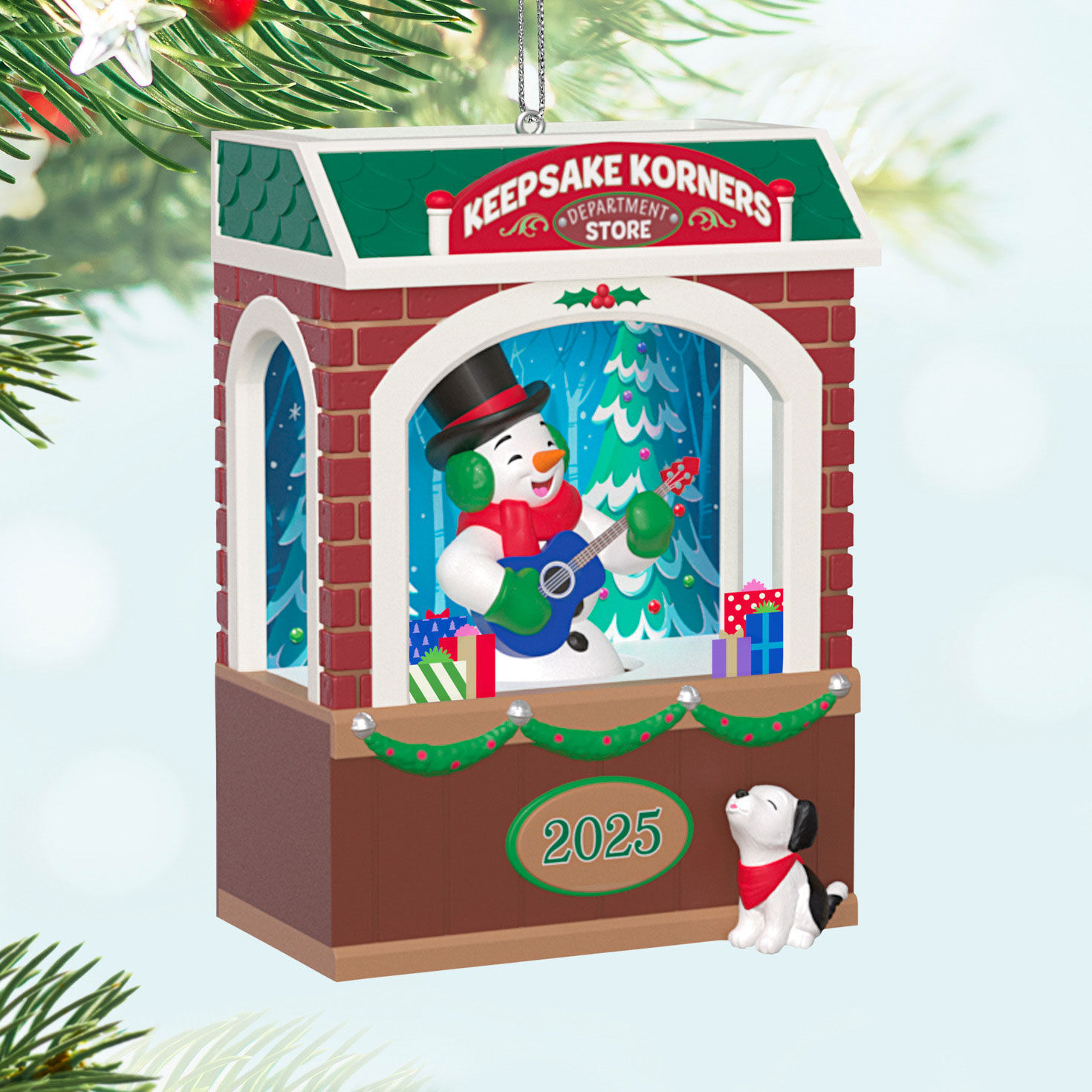 Snowman With Guitar Store Window Keepsake Ornament hanging on tree image number 2