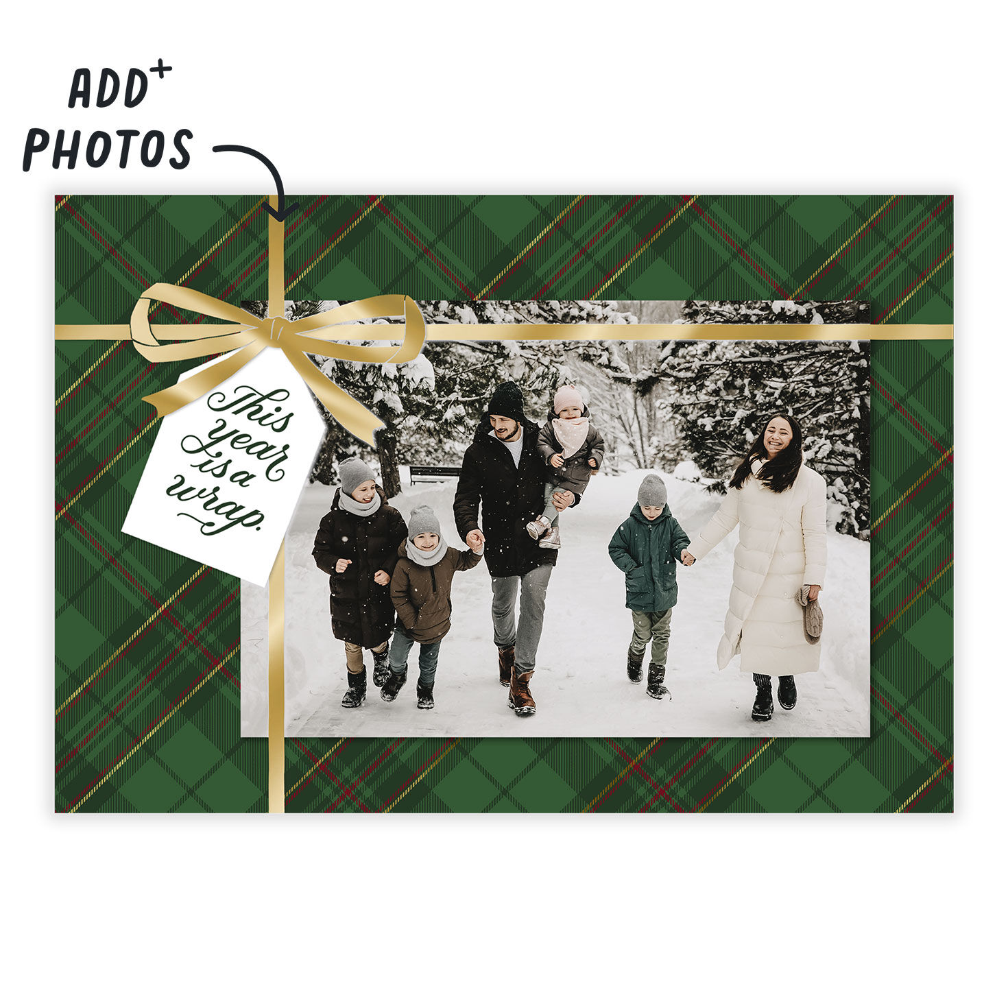 Green Plaid Gold Ribbon Gift Holiday Photo Card Card Front indicating personalization image number 2