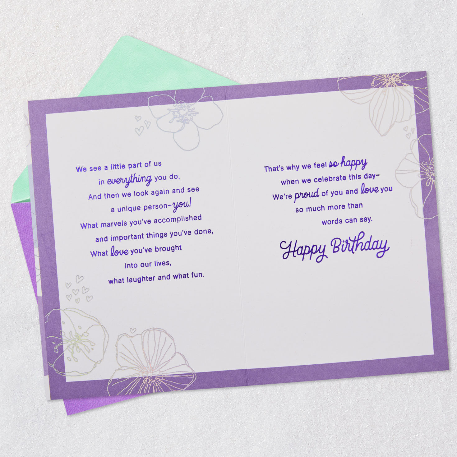 Purple Circles and Flowers Birthday Card From Both Open card with envelope image number 4