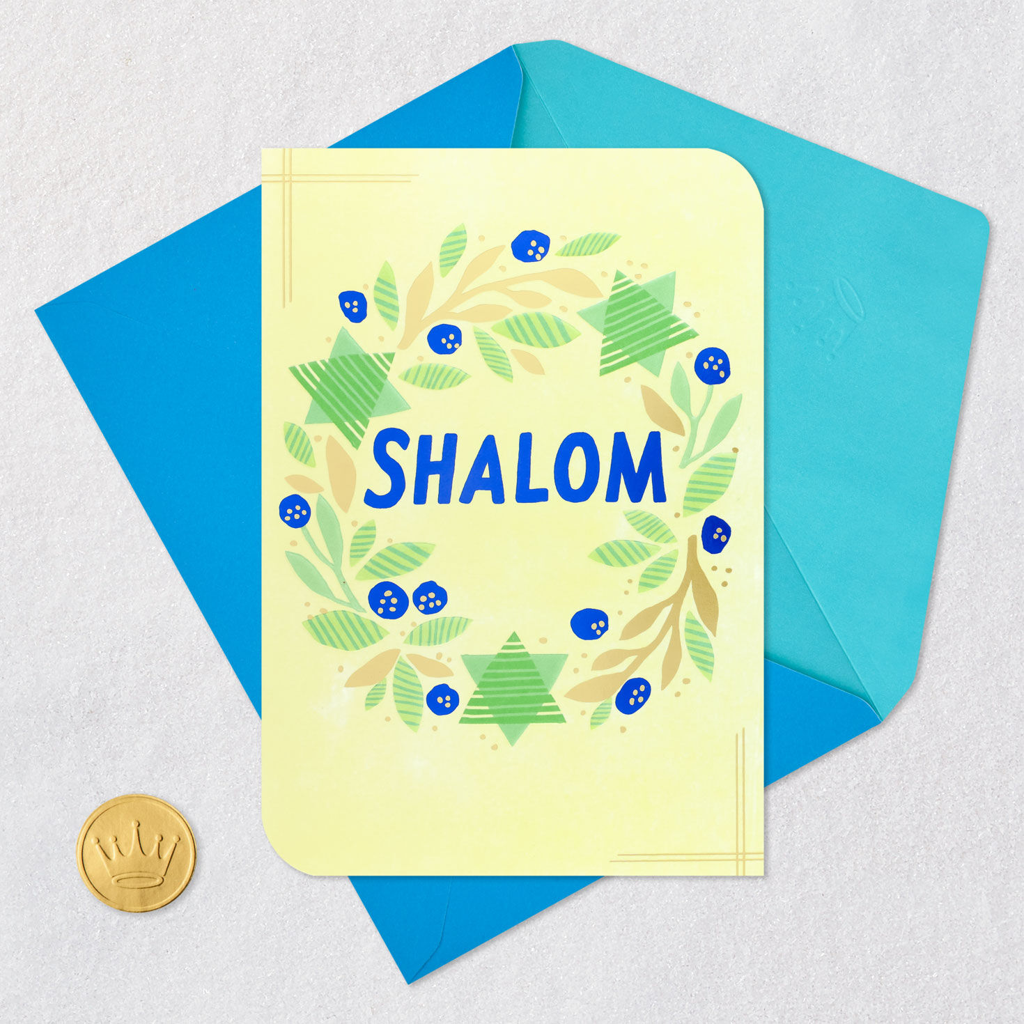 Green Gold Wreath Shalom Hanukkah Card Card Front with Envelope and Gold Seal image number 6