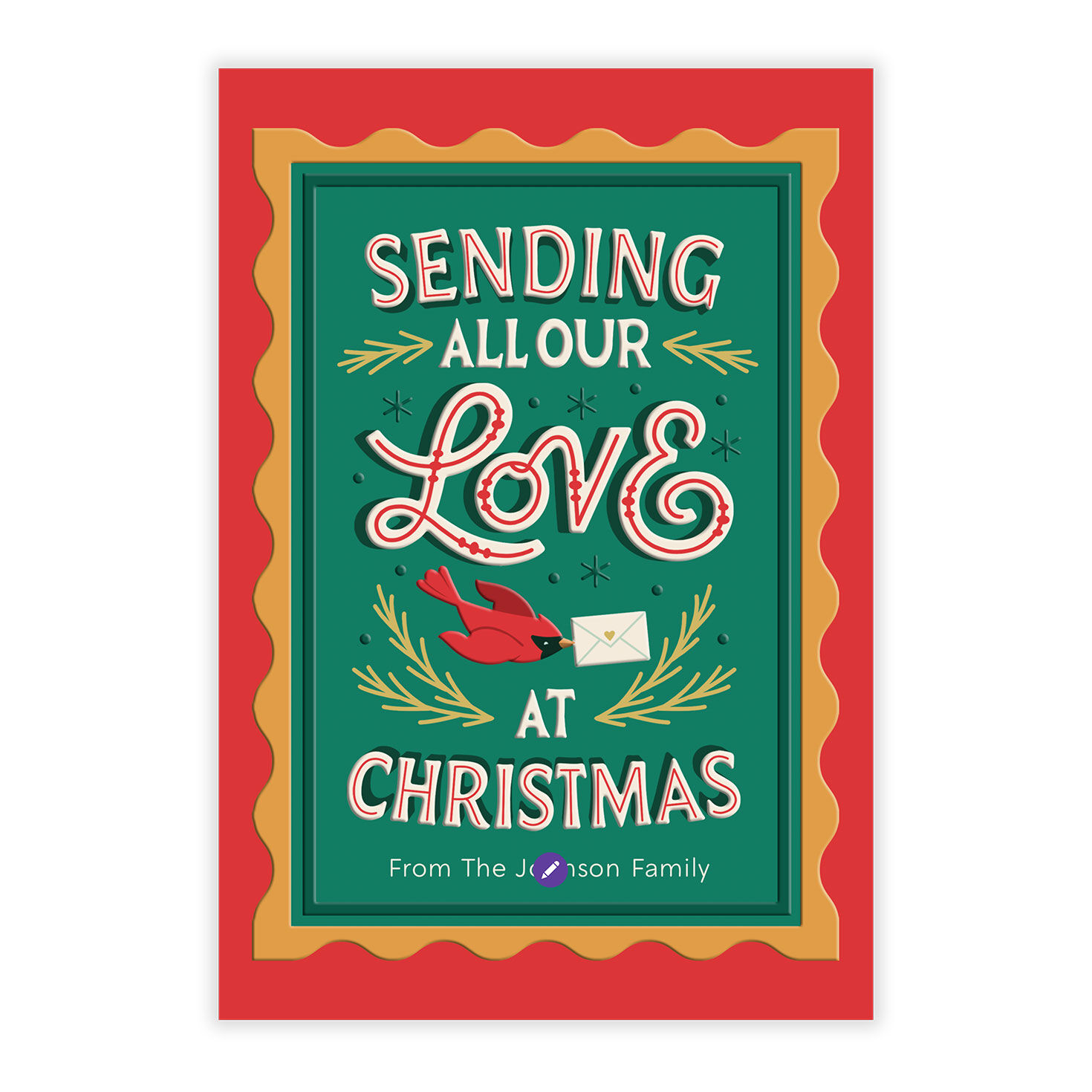 Red Bird Stamp Personalized Christmas Photo Card Card Front indicating personalization image number 5