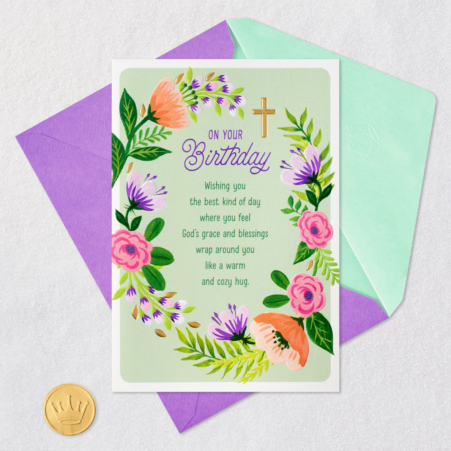 Floral Swag on Green Christian Birthday Card Card Front with Envelope and Gold Seal image number 6