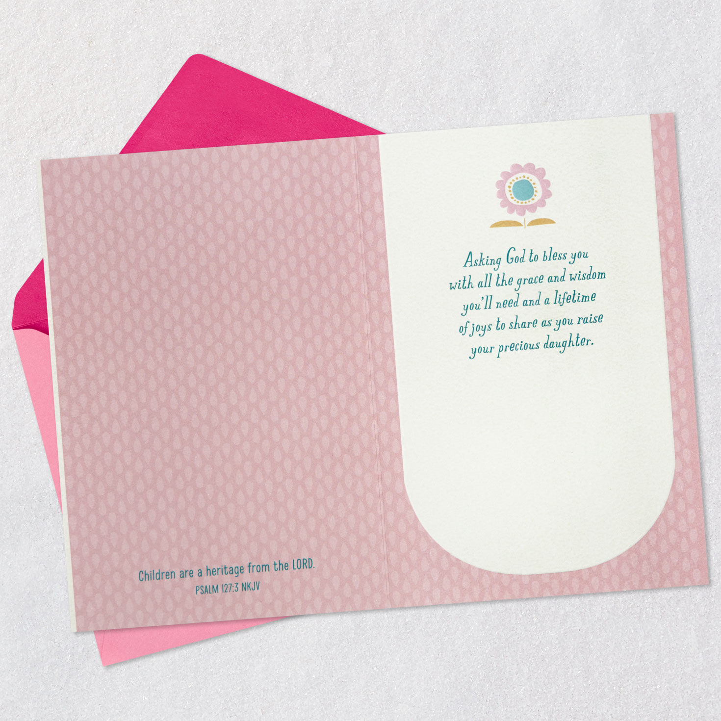 Pink Flower Motif Baptism Card for Baby Girl Open card with envelope image number 4