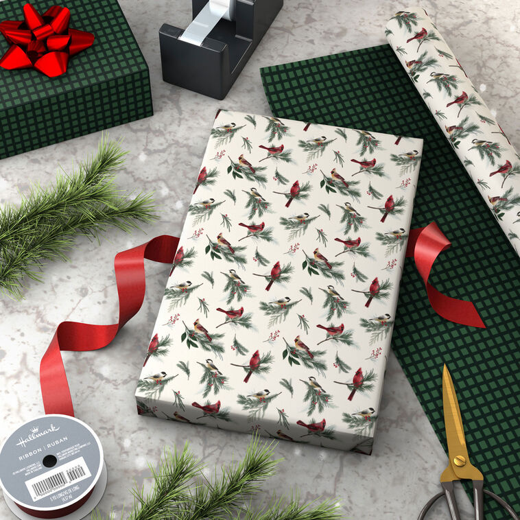 Cardinals/Green Check Reversible Holiday Gift Wrap Wrapped pkg image number 3