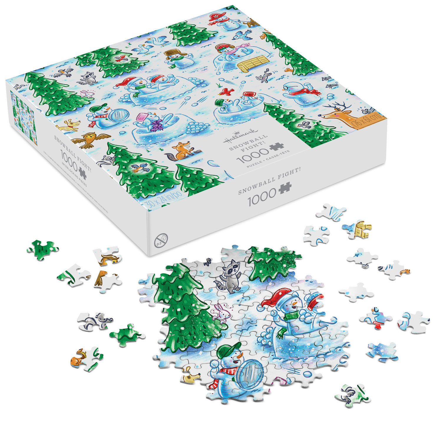 Illustrated Snowmen Snowball Fight Jigsaw Puzzle front with puzzle pieces image number 2