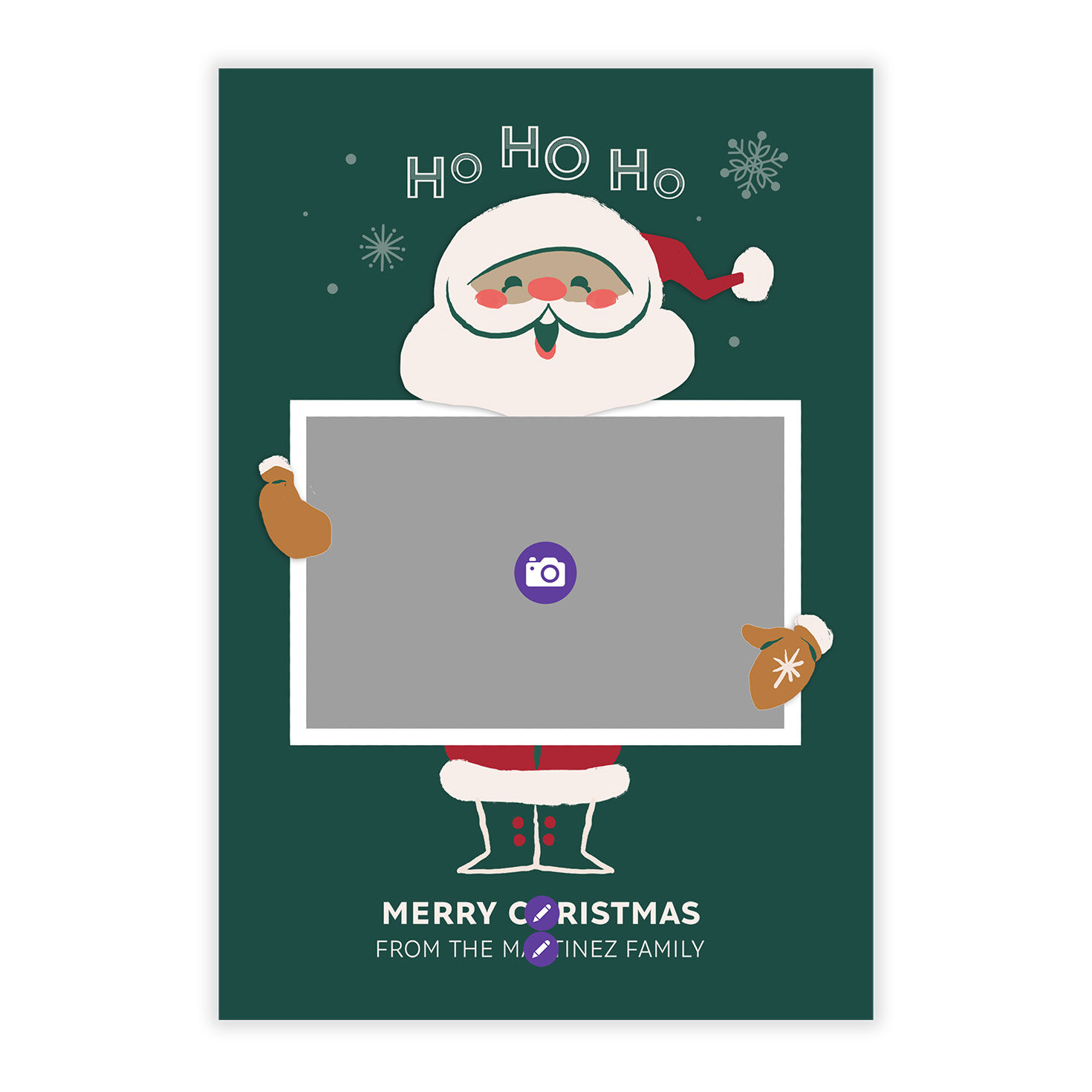 Santa Holding Photo Personalized Christmas Card Card Front indicating personalization image number 5