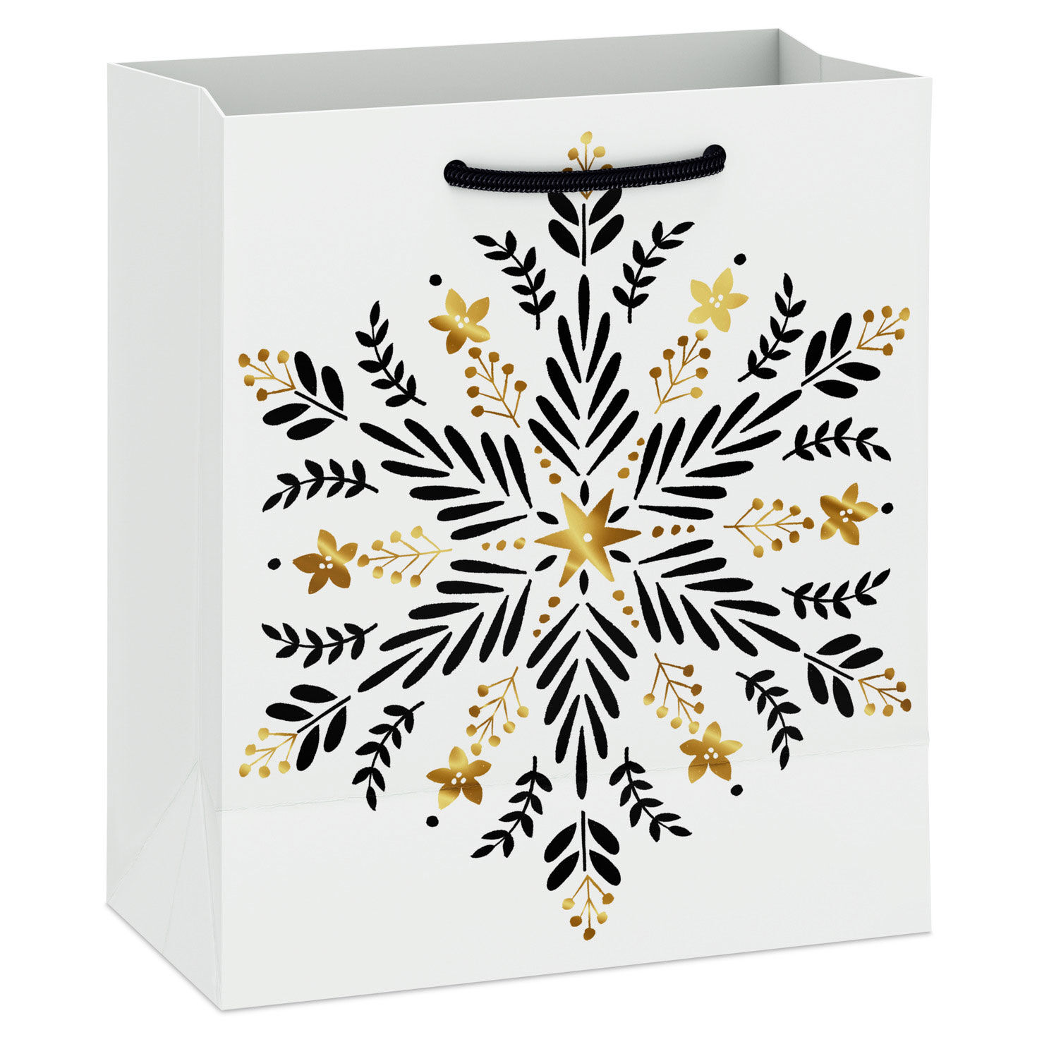 Black and Gold Snowflake Small Holiday Gift Bag Back image number 6