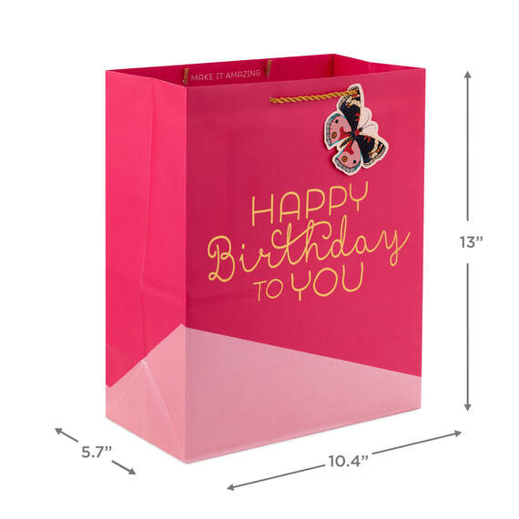 13" Happy Birthday on Pink Large Gift Bag, , large image number 3