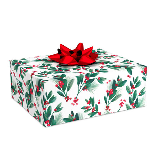 Winter Greenery on White Christmas Wrapping Paper, 40 sq. ft., 