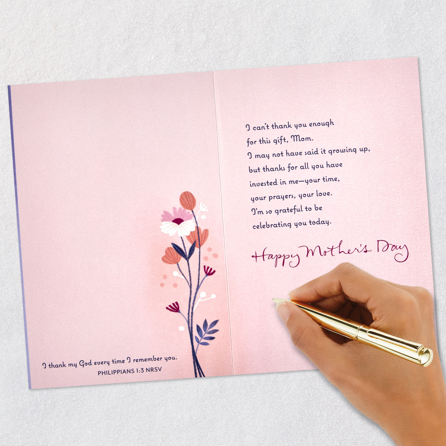 Flowers on Purple Religious Mother's Day Card for Mom signing card image number 7