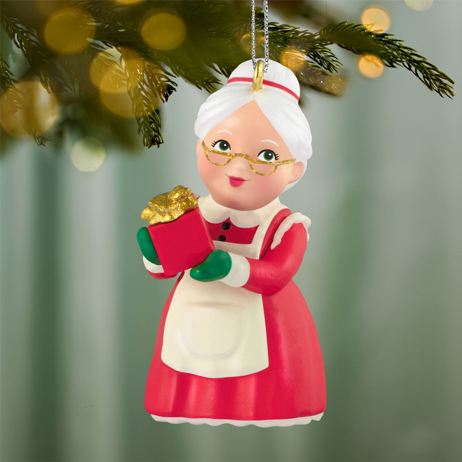 Vintage Mrs. Claus With Red Gift Keepsake Ornament hanging on tree image number 2