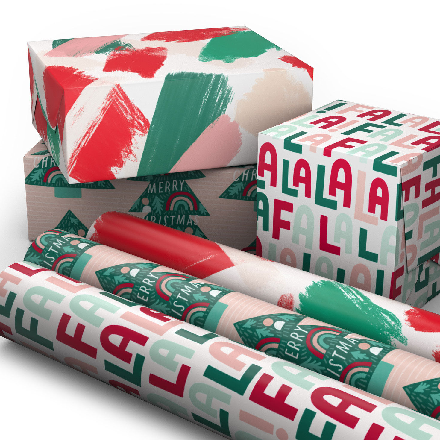 Rainbow Trees Pink 3-Pack Mini Xmas Gift Wrap Rolls Wrapped pkg image number 2