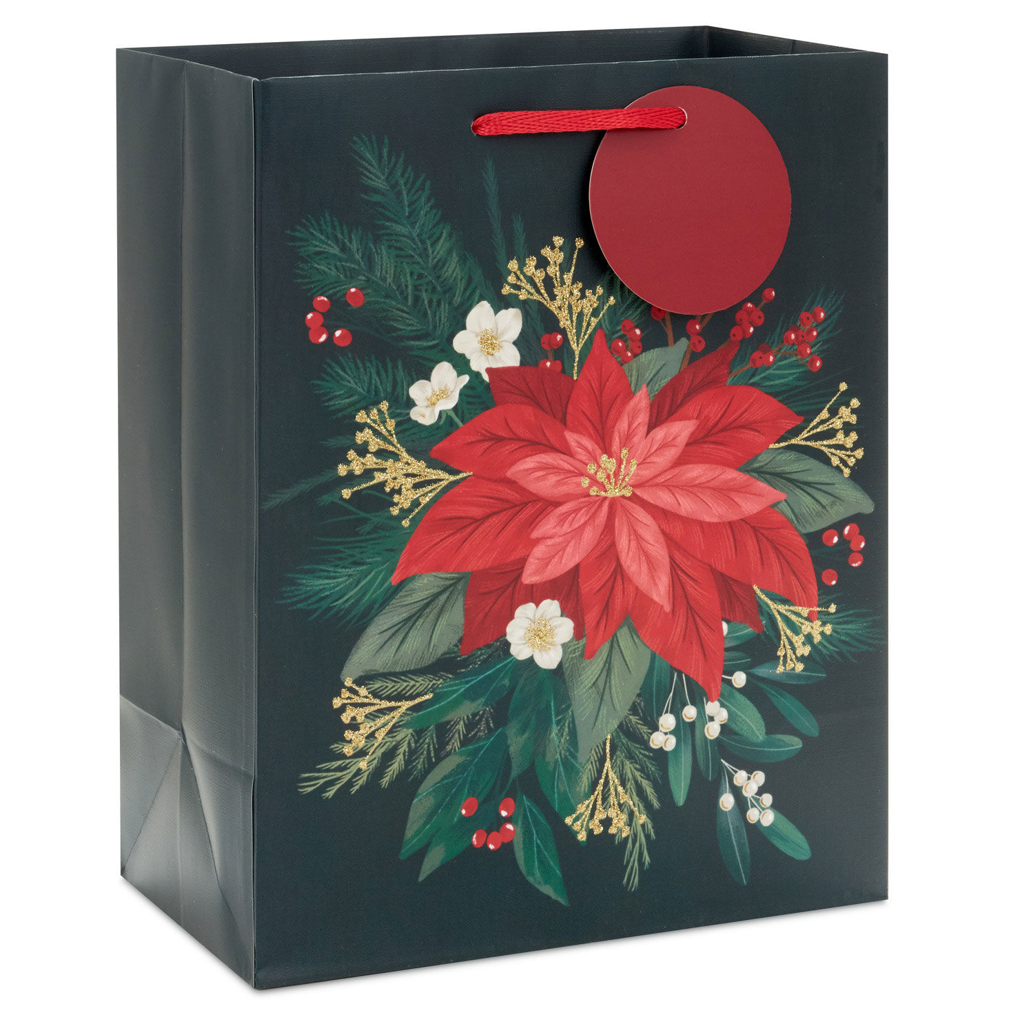 9.6" Red Poinsettia on Black Medium Christmas Gift Bag