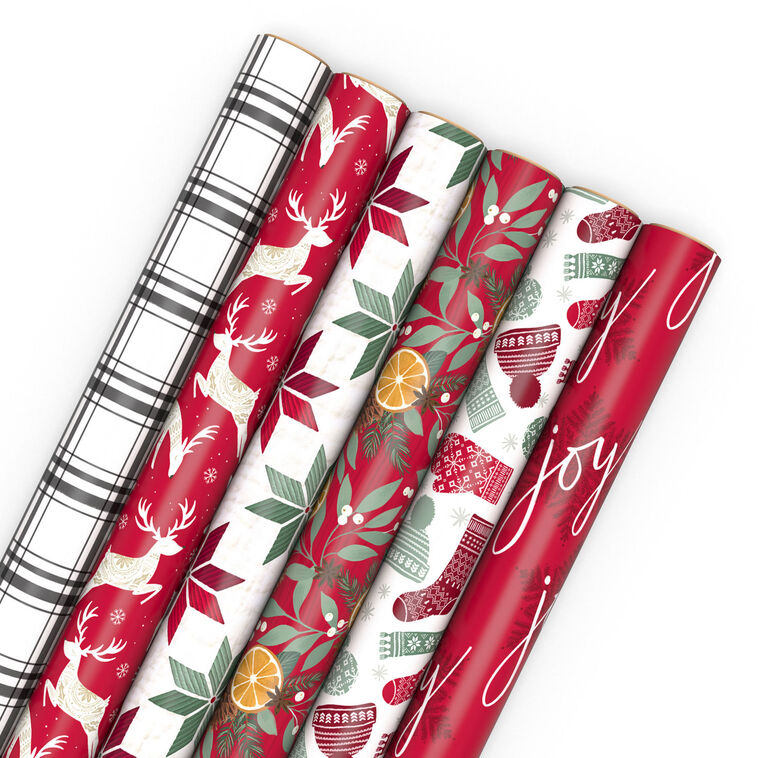 Cozy Patterns 6-Pack Assorted Holiday Wrapping Paper Roll Bundle, 150 sq. ft. total