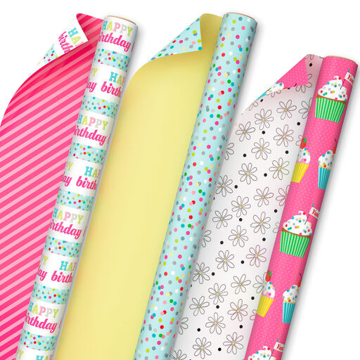 Sweet Birthday 3-Pack Reversible Wrapping Paper, 75 sq. ft. total, 