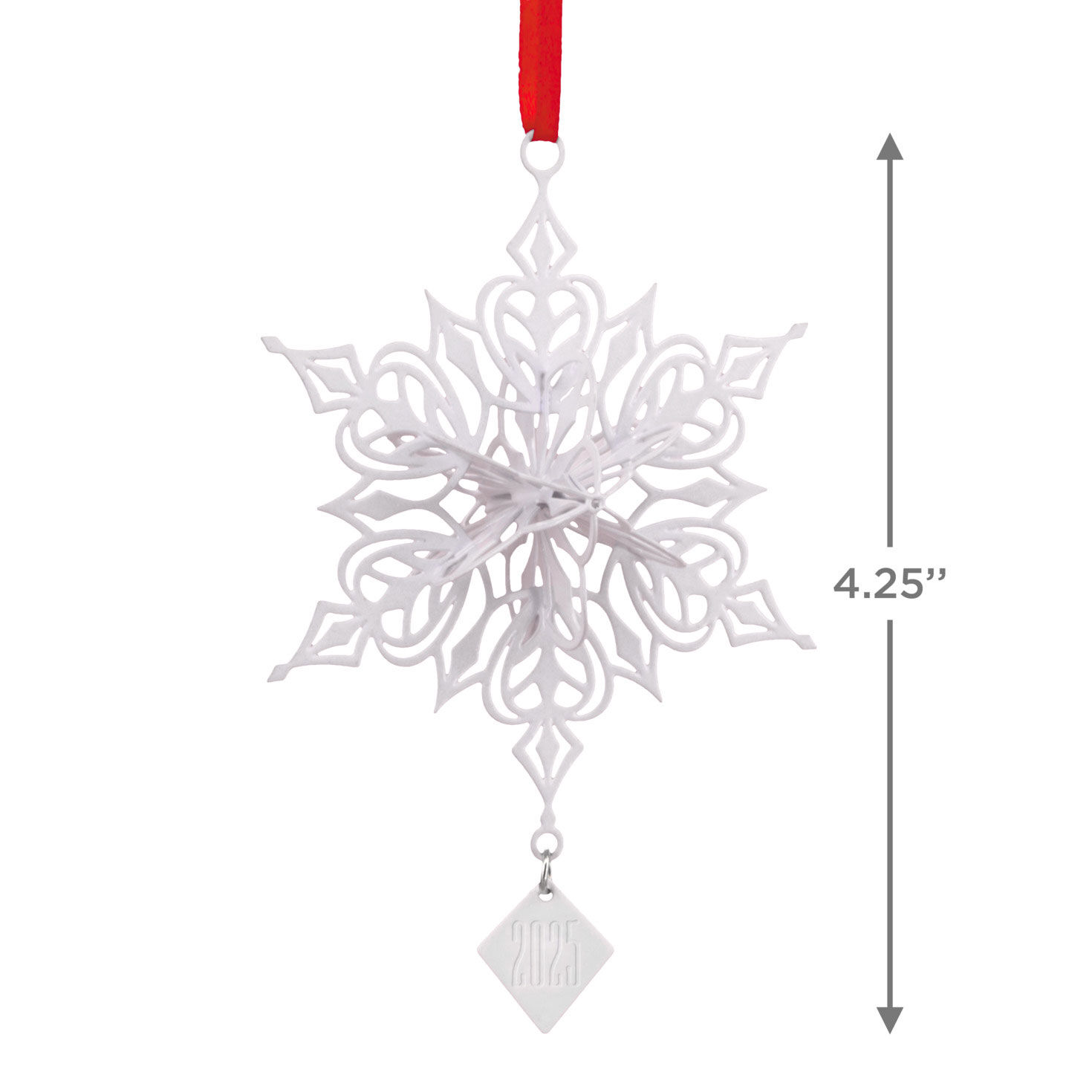 White 3D Snowflake 2025 Charm Christmas Ornament Measurement image number 3