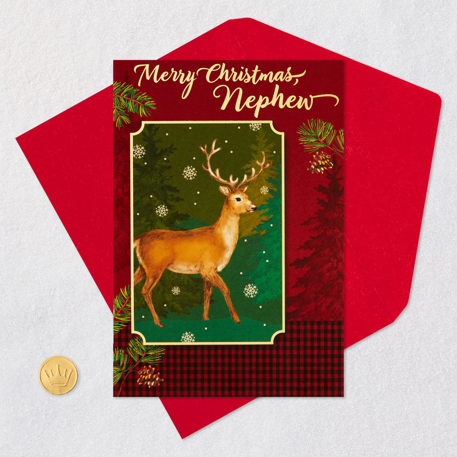 Reindeer and Red Plaid Nephew Christmas Card Card Front with Envelope and Gold Seal image number 5