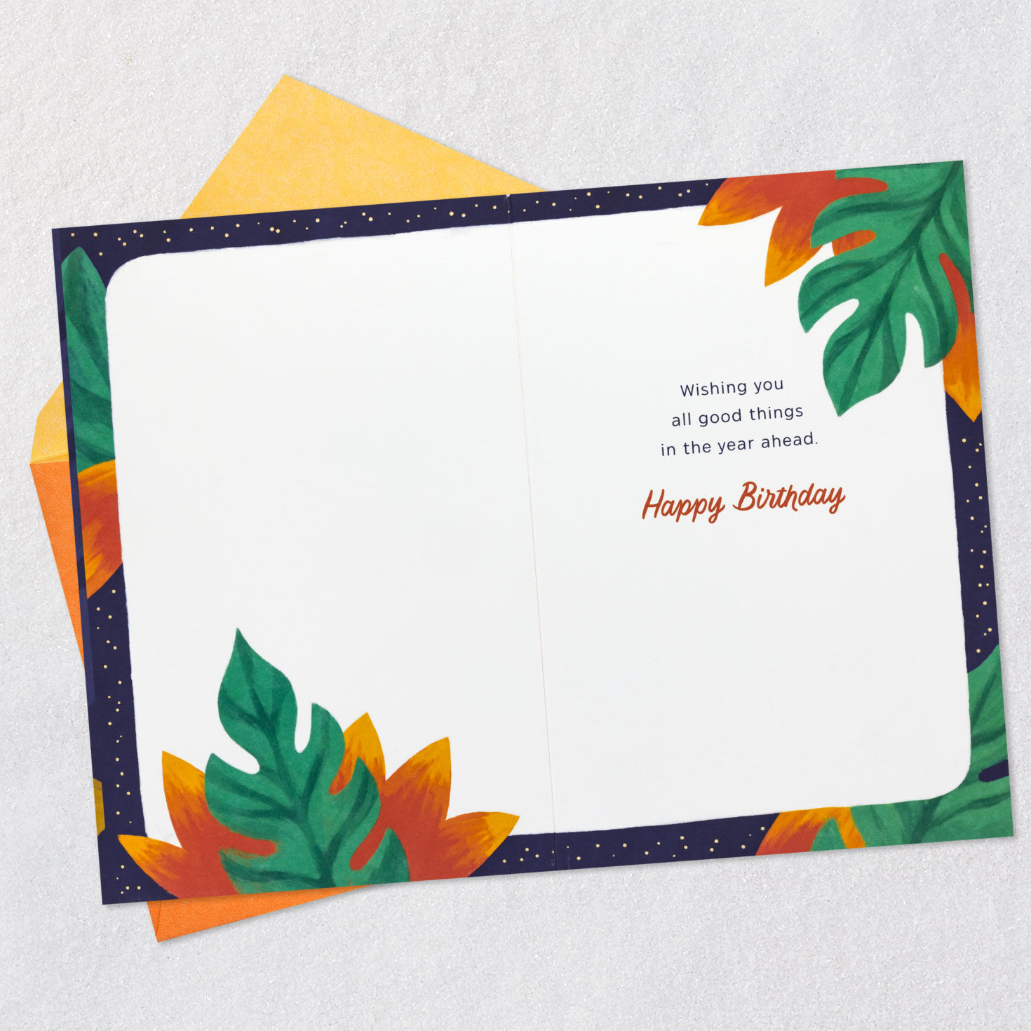 Blue Monstera Leaves with Cake Birthday Card Open card with envelope image number 3