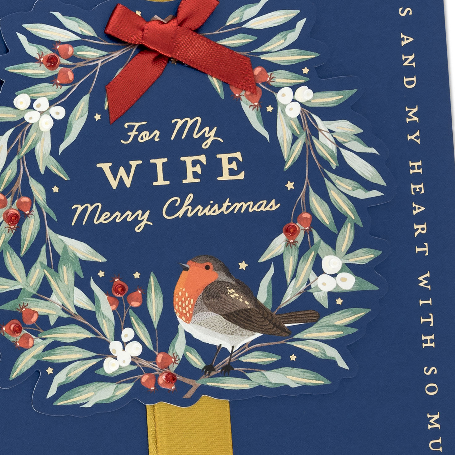 Navy Wreath with Robin Christmas Card for Wife Card Front Detail image number 4