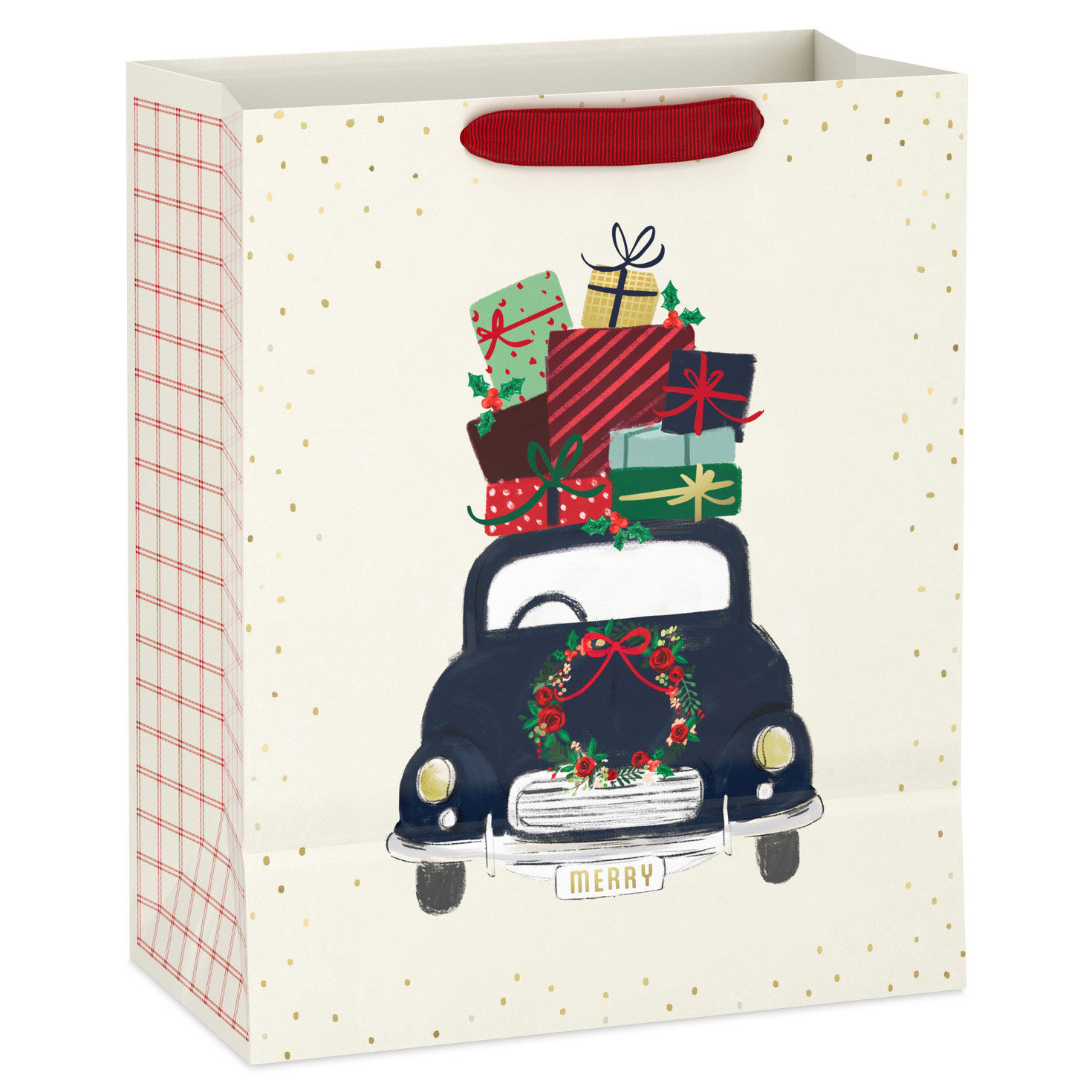 Retro Blue Car on Ivory Christmas Gift Bag Back image number 6