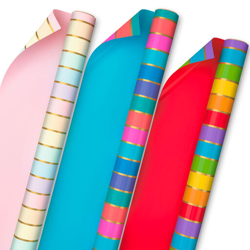 Stripes and Solids 3-Pack Reversible Wrapping Paper, 75 sq. ft. total, 