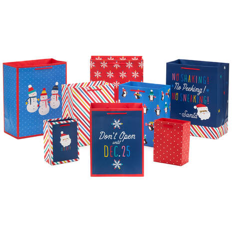 Red and Blue 8-Pack Christmas Gift Bags, Assorted Sizes and Designs, , large